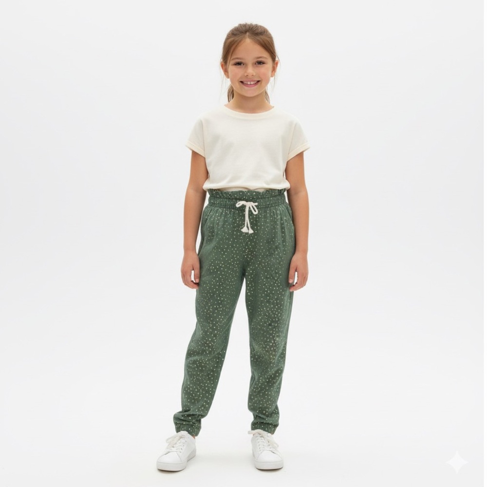 H&M Girls Green Gold Foil Dot Joggers Size 14 11-12Y | Casual Lightweight‎ Pants